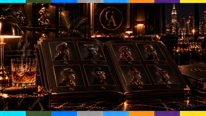 An open leather-bound book displays a collection of nine NFT profile portraits of distinct anthropomorphic characters, each numbered (01–09), sitting on a dark marble surface beside a glass of whiskey and a branded lamp featuring a stylized "A" logo, with a glittering nighttime cityscape in the background. The scene evokes exclusivity and curated taste, aligning with the post's message about discerning collectors who value lasting rarity over fleeting trends.