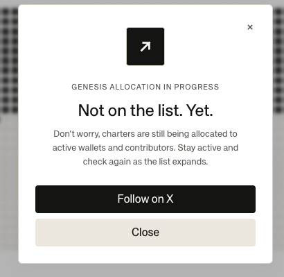 A pop-up notification reads 'GENESIS ALLOCATION IN PROGRESS - Not on the list. Yet.' with a 'Follow on X' button.