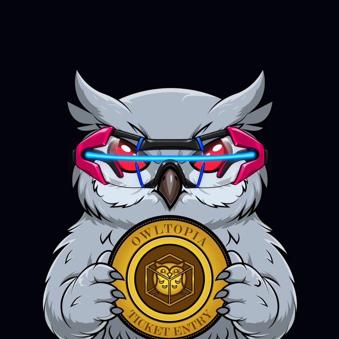Cartoon illustration of an owl wearing pink and blue neon-style glasses, holding a gold coin labeled 'OWLTOPIA TICKET ENTRY'.