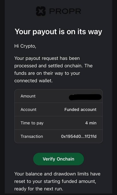 A PROPR payout notification addressed to 'Crypto' confirming a payout request has been processed onchain in 4 minutes, with a 'Verify Onchain' button and a transaction hash starting with 0x1954d0...1f21fd.