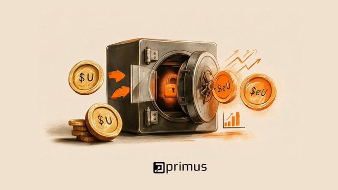 Primus-branded illustration of an open safe with gold coins labeled '$U' flowing in and 'sEU' coins flowing out alongside upward arrows, representing tokenized yield-bearing assets.