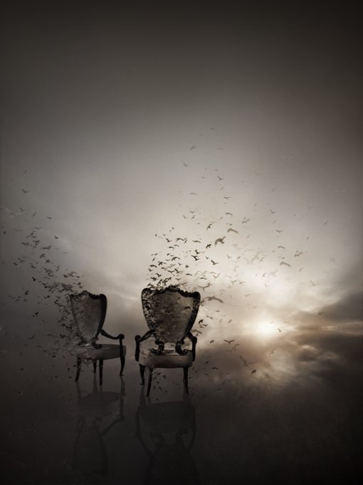 A surreal, atmospheric image showing two ornate chairs on a reflective surface, with one chair dissolving into a swarm of birds against a cloudy, sunlit sky.