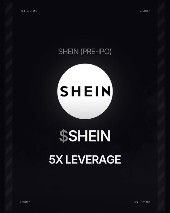 The image is a dark-themed promotional graphic for a new RWA perpetual listing, featuring the SHEIN logo inside a white circle with the text "SHEIN (PRE-IPO)" above, "$SHEIN" and "5X LEVERAGE" below, and "NEW LISTING" / "LIGHTER" labels in the corners. The design directly mirrors the accompanying post's announcement of SHEIN pre-IPO trading available at 5x leverage on the Lighter platform across Core and Robinhood Chain.