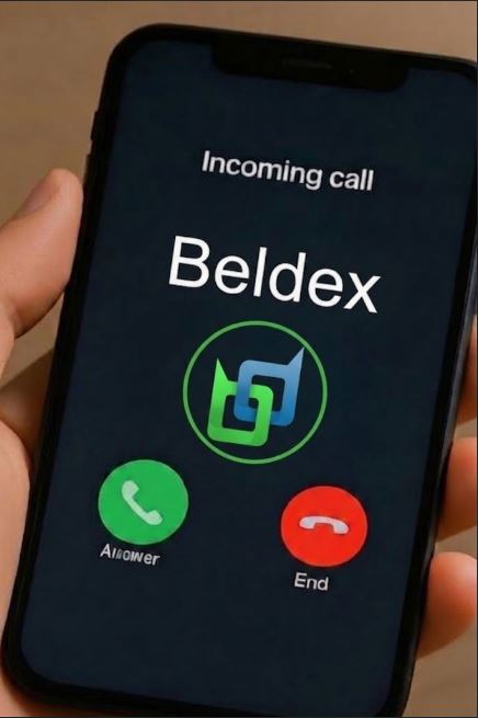 A hand holds a smartphone displaying an incoming call from 'Beldex' with green 'Answer' and red 'End' buttons.