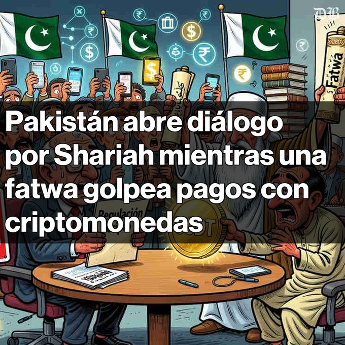 An illustrated news graphic from 'PB' with Spanish text "Pakistán abre diálogo por Shariah mientras una fatwa golpea pagos con criptomonedas", depicting figures holding phones and books around a table with currency symbols and Pakistani flags.