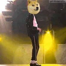 The image features a person dressed up as a doge, wearing black pants and a white shirt with black stripes. The person appears to be dancing or performing on stage, surrounded by yellow lights that create an energetic atmosphere. The caption of the image reads "I'm pretty sure Dogecoin has consumed every aspect of my life to where it's all I see everywhere I look, and I absolutely love it". This statement suggests a strong connection between the person in the image and the popular cryptocurrency, Dogecoin.
