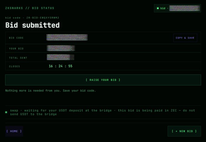 A ZKSharks // BID STATUS screen displays 'Bid submitted' with a bid code 'ZK-BID-EUQXYSSRWM2', a countdown of 16:24:55, and instructions to swap and wait for a USDT deposit.