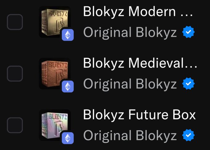 The image shows a digital inventory listing of three NFT collections—"Blokyz Modern," "Blokyz Medieval," and "Blokyz Future Box"—all verified as part of the "Original Blokyz" collection, aligning with the user's reveal of their Original Blokyz boxes.