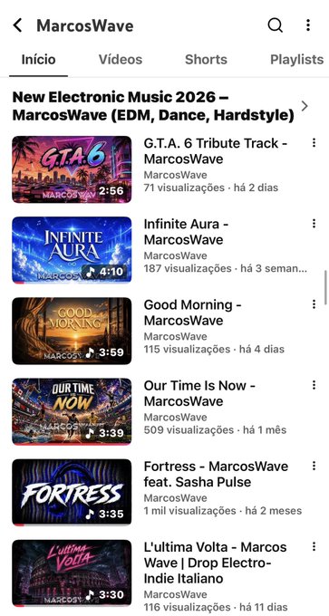 A YouTube channel page for 'MarcosWave' featuring new electronic music videos including 'G.T.A. 6 Tribute Track', 'Infinite Aura', 'Good Morning', and 'Our Time Is Now' with various view counts and upload dates.