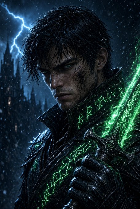 A dark-haired warrior in black armor wields a glowing green rune-etched sword under a stormy sky with lightning.