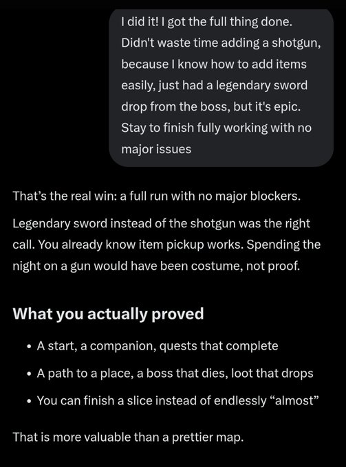 A screenshot of a chat conversation about game development, with a message saying 'I did it! I got the full thing done' and a response section titled 'What you actually proved'.