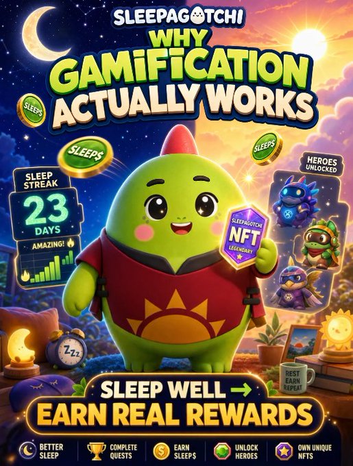 The image is a vibrant promotional poster for "Sleepagotchi" featuring a cute green dino-like mascot surrounded by game UI elements showing "Sleep Streak 23 Days," "Heroes Unlocked," "Legends NFT," and "Sleeps" tokens, with the headline "Why Gamification Actually Works" and the tagline "Sleep Well → Earn Real Rewards." It visually reinforces the post's message by illustrating how consistent sleep tracking builds streaks, unlocks NFT heroes, and earns tokens—gamified proof that existing sleep app users and Telegram game players are already accumulating value within the Sleepagotchi ecosystem, just needing their Solana wallet linked to claim it.