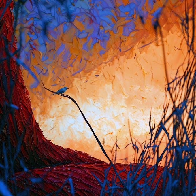 A vibrant, impressionistic painting featuring a small blue bird perched on a curved branch, set against a dramatic sky of orange and blue hues with dark silhouettes of grass and trees in the foreground.