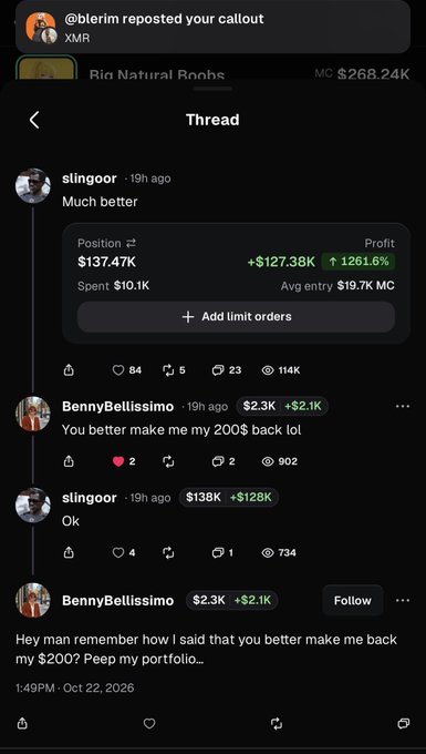 An XMR thread on a dark interface shows a callout about a position at $137.47K, profit of +$127.38K, and replies asking to be paid back.