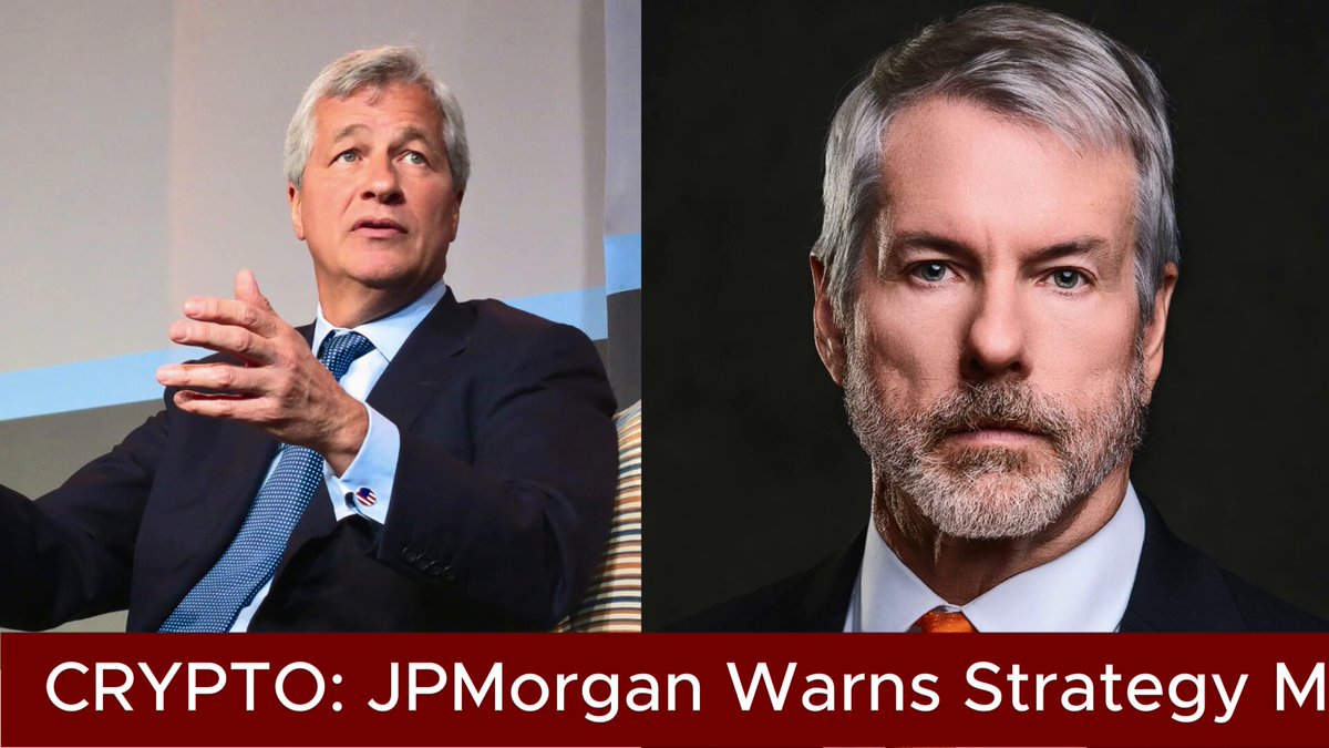 The image features a split-screen with two men wearing suits and ties, one sitting down and the other standing up. The man standing up has gray hair and is wearing an orange tie. Both men are wearing cufflinks. The background of the image is white, and there is text that reads "Crypto: JPMorgan Warns Strategy Must Rebuild Cash Reserves JPMorgan says Strategy may need to rebuild its dollar reserves to restore investor confidence".