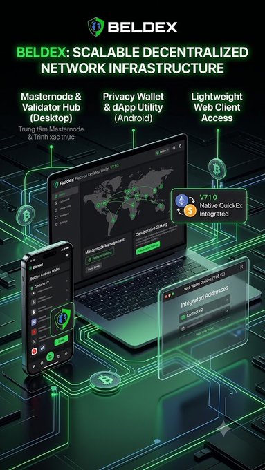 A promotional graphic for "BELDEX" advertises it as "SCALABLE DECENTRALIZED NETWORK INFRASTRUCTURE," highlighting features like "Masternode & Validator Hub (Desktop)," "Privacy Wallet & dApp Utility (Android)," and "Lightweight Web Client Access."