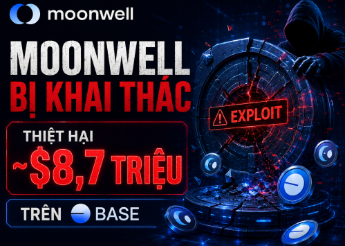 A graphic with the moonwell logo states "MOONWELL BỊ KHAI THÁC" with damages of "~$8,7 TRIỆU" on the BASE network, featuring a hooded figure and an "EXPLOIT" warning.