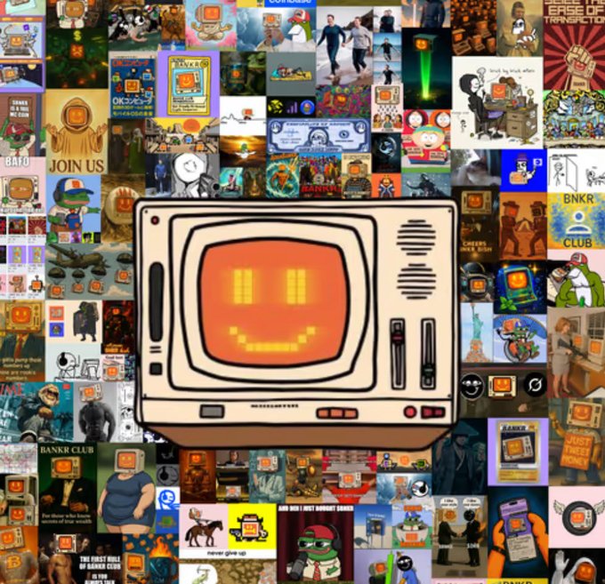 A retro CRT television displaying an orange pixelated smiley face centered against a collage of various meme images and artwork.