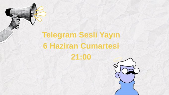 The image features a large poster or banner with a person holding a megaphone, surrounded by white crumpled paper. The text on the poster reads "Yelpın Sesli Yayin", which translates to "Yolupiye". The background of the poster is a white color. In the image caption below it, there are two sentences written in English: "21.00 de sonra da sohbet ederiz." and "Tekram SESLI YAYIN 6 HAZIRAN CUMARTESI", indicating that a speech or event related to Sesli Yayin took place at this time. The image is an illustration from a blog, where the main subject of discussion seems to be related to the speaker's name and the date when it was delivered.