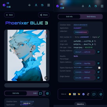 Two side-by-side mobile app screens displaying NFT details for an 'Ordi' collection artwork titled 'Phoenixer BLUE 3', with a blue-skinned character and on-chain metadata.