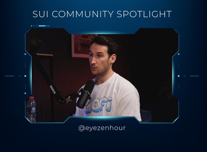A 'SUI COMMUNITY SPOTLIGHT' graphic featuring a video still of a man in a white t-shirt speaking into a RØDE microphone in a podcast setting, tagged with the handle '@eyezenhour'.
