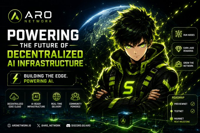 A promotional graphic for ARO Network featuring an anime-style character with green glowing accents against a global tech backdrop, displaying the tagline "Powering the Future of Decentralized AI Infrastructure" alongside key features like "Run Nodes," "Earn Jade Rewards," and a roadmap showing Prewnet and Testnet milestones. The image visually reinforces the post's thesis by depicting ARO Network's edge-cloud computing vision, positioning it as the infrastructure project capitalizing on compute location as the next valuable utility in the AI era.