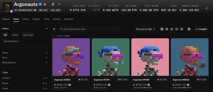 A screenshot of an NFT marketplace showing the 'Argonauts' collection with pixel art characters wearing purple visors, displaying prices ranging from 0.5773 ETH with various rarity rankings and trading statistics.
