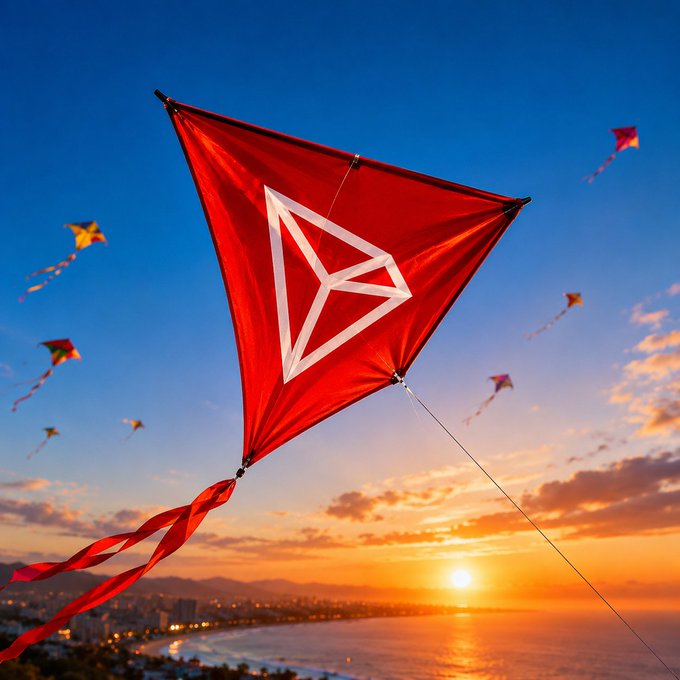 A vibrant red kite featuring the TRON logo soars against a golden sunset over a coastal city, with smaller kites filling the sky. The scene symbolizes TRON DAO's global reach and grassroots community engagement, mirroring how regional hubs lift Web3 adoption to new heights through local connections.