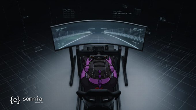 A futuristic racing simulator setup with a wide curved screen displays a digital track, with a pink and black gaming seat positioned in front of it.