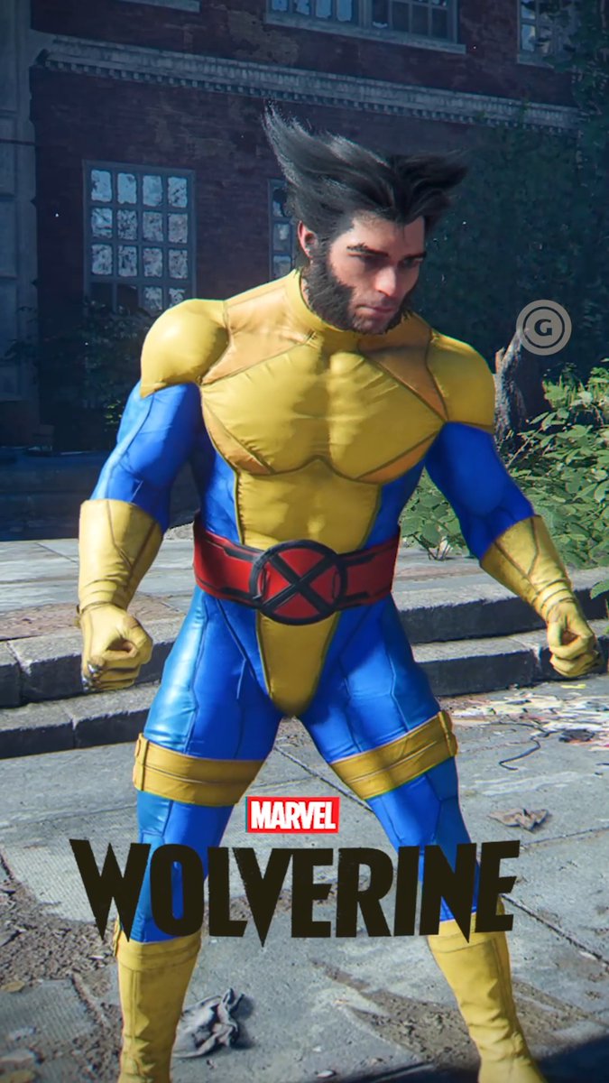 A muscular man with sideburns wearing a yellow and blue superhero costume with an 'X' belt buckle, standing outdoors with the text 'MARVEL WOLVERINE' at the bottom.