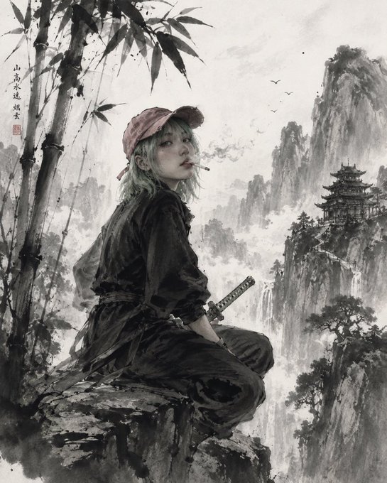 A young person with a red cap and sword sits contemplatively on a misty mountain peak, surrounded by bamboo, soaring cliffs, and a distant pagoda, with Chinese calligraphy reading "山高水远" (shan gao shui yuan—"mountains high and waters far") in the upper left.

The image fits the "looking at in the market" prompt ironically—rather than watching stocks or charts, the figure is gazing out at an epic, introspective landscape, suggesting the post is about taking a break from market-watching to reflect or daydream.