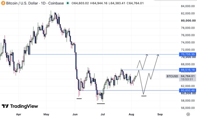 A TradingView daily chart of Bitcoin/U.S. Dollar (BTCUSD) showing price action and technical analysis drawn lines and annotations.