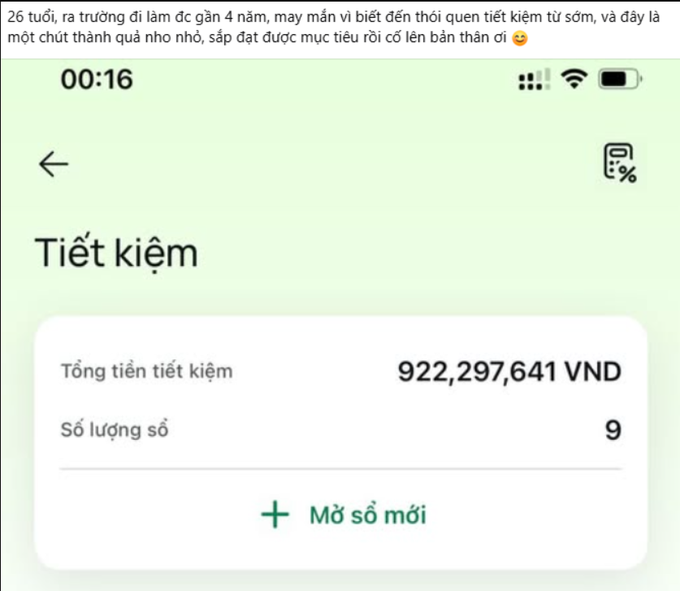 A screenshot of a Vietnamese banking app showing a savings account called "Tiết kiệm" with a total saved amount of "922,297,641 VND" across 9 accounts, captioned with text celebrating reaching nearly 1 billion VND in savings at age 26.