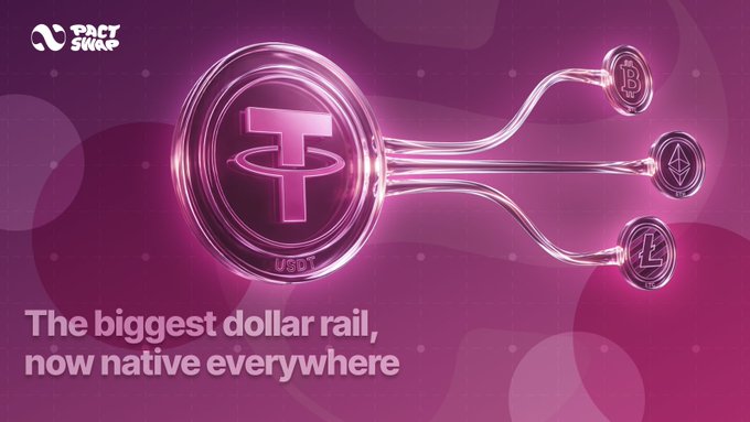 A promotional graphic for PactSwap features a glowing pink USDT (TRC-20) coin connecting via digital pathways to Bitcoin, Ethereum, and Litecoin tokens, with the tagline "The biggest dollar rail, now native everywhere," visually reinforcing the post's message about seamless cross-chain swaps from TRON-based USDT into native crypto assets without complex bridging.