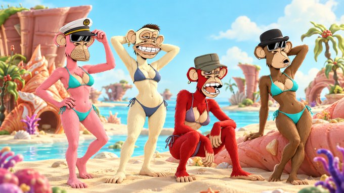 An AI-generated image featuring four stylized, anthropomorphic monkeys and apes wearing bikinis on a tropical beach.