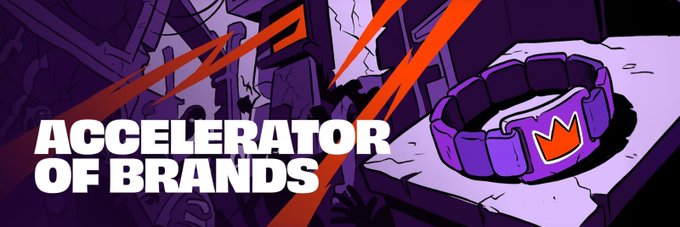 Graphic titled 'Accelerator of Brands' in white bold text over a purple comic-style background featuring a crown-shaped bracelet.