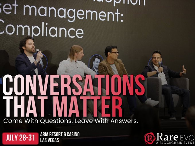 A promotional graphic for the RareEVO blockchain event at ARIA Resort & Casino in Las Vegas on July 28-31, featuring four panelists on stage with the tagline "CONVERSATIONS THAT MATTER - Come With Questions. Leave With Answers."