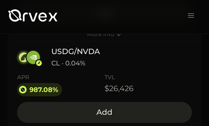 Orvex platform interface displaying a USDG/NVDA liquidity pool with a CL of 0.04%, an APR of 987.08%, and a TVL of $26,426.