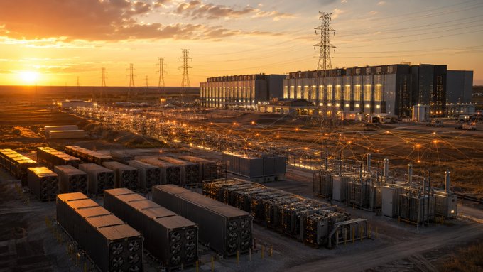 Rows of cooling units and electrical infrastructure at a large industrial facility glow against a sunset, illustrating the substantial power capacity behind Riot Platforms' newly announced 20-year, $9.1 billion AI data center deal at its Rockdale, Texas campus.