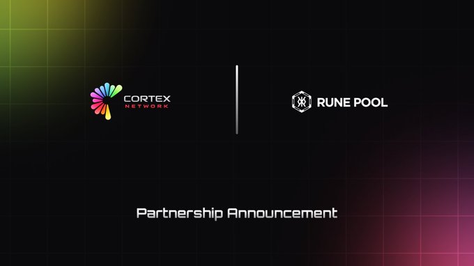 A partnership announcement graphic featuring the Cortex Network and Rune Pool logos side by side on a dark gradient background, visually promoting their collaboration to advance AI agent infrastructure and liquidity solutions in Web3.