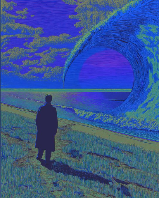 A lone figure in a long coat stands on a windswept coastal bluff, gazing out at an enormous cresting wave beneath a vivid purple and teal sky—an evocative illustration from @IThinkItsArt that mirrors the post's sentiment, capturing the quiet awe of finding belonging within a vast sea of anonymous online communities.
