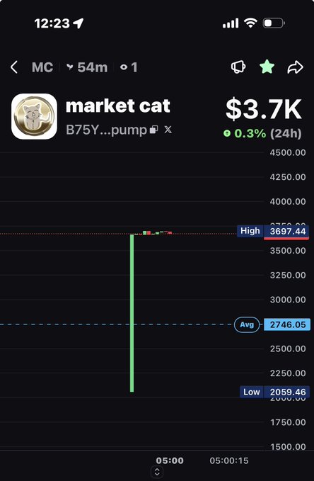 A mobile phone screenshot of a cryptocurrency trading app showing a token called 'market cat' (MC) priced at $3.7K with a +0.3% change over 24 hours.
