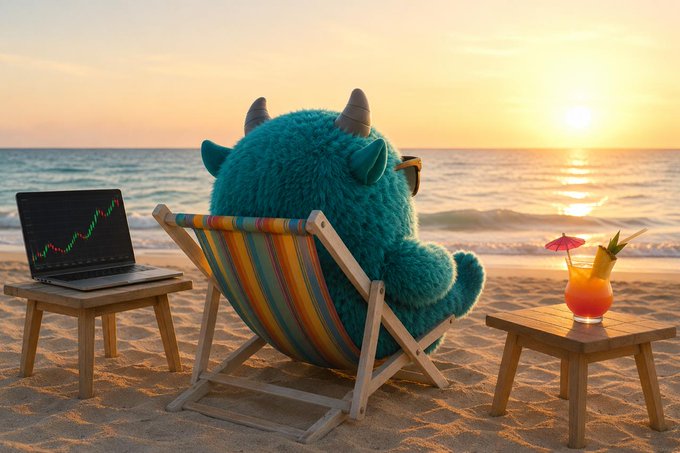 A fluffy teal cartoon monster with horns relaxes in a striped beach chair at sunset, watching a stock chart on a laptop beside it, with a tropical cocktail resting on a small wooden table nearby.