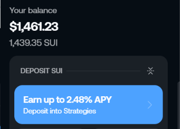 A crypto wallet interface displays a balance of $1,461.23 (1,439.35 SUI) with a deposit option offering 2.48% APY.