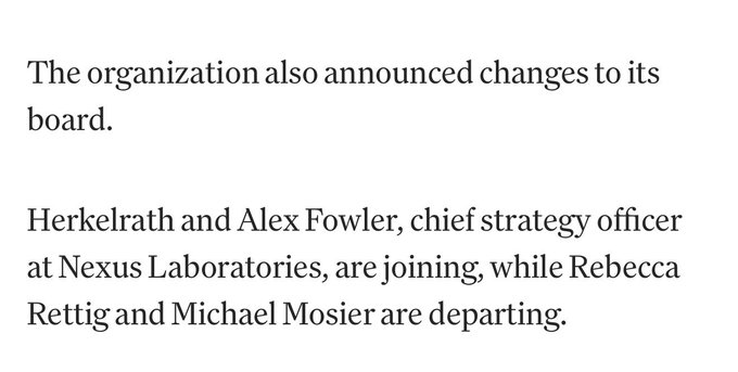 Text excerpt stating 'The organization also announced changes to its board. Herkelrath and Alex Fowler, chief strategy officer at Nexus Laboratories, are joining, while Rebecca Rettig and Michael Mosier are departing.'