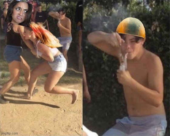 The image is a meme where a photorealistic face of a woman crying has been edited onto the body of another woman throwing a punch in a fight, paired with a shirtless boy wearing a watermelon helmet on the right who appears to be preparing for battle. The watermark "imgflip.com" is visible in the bottom left corner. The meme humorously depicts the two social media personalities mentioned in the caption as fighters squaring off for a comedic "cage fight."