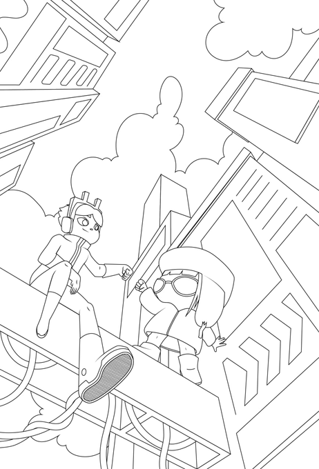A coloring page featuring two cartoon characters in a futuristic cityscape, with one sitting on a ledge wearing headphones and the other standing nearby wearing goggles, tying into the "Volt Coloring page" theme.