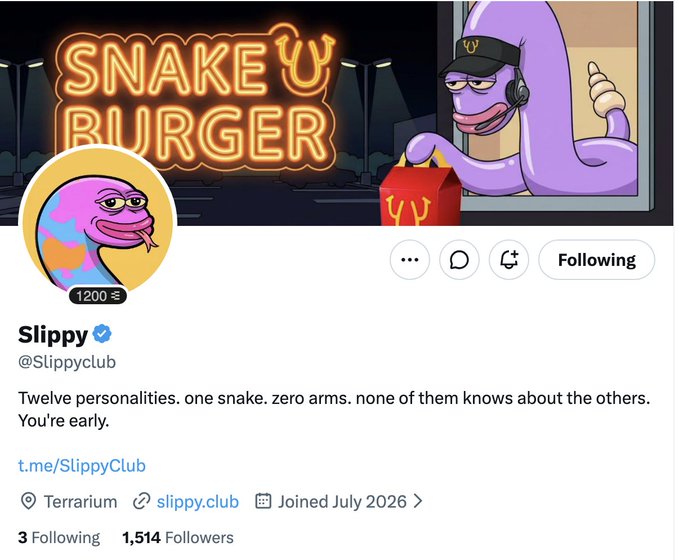 A Twitter profile for "Slippy" (@Slippyclub) featuring a cartoon snake mascot with a "Snake U Burger" neon sign and the bio "Twelve personalities. one snake. zero arms." The profile shows 1,514 followers, 3 following, and promotes a Telegram link (t.me/SlippyClub), aligning with the post highlighting the Slippy Club NFT collection, $SLIPPY token, and website launch.