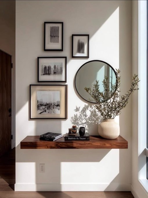 The image features a white shelf with several framed pictures hanging above it, creating an aesthetically pleasing display. A mirror is also present on the wall next to the picture frames. The shelf has various items placed on top of it, including a vase filled with greenery and some books. The post about Quip network seems unrelated to the image but could be related to the content displayed in the frame or the overall theme of the room.