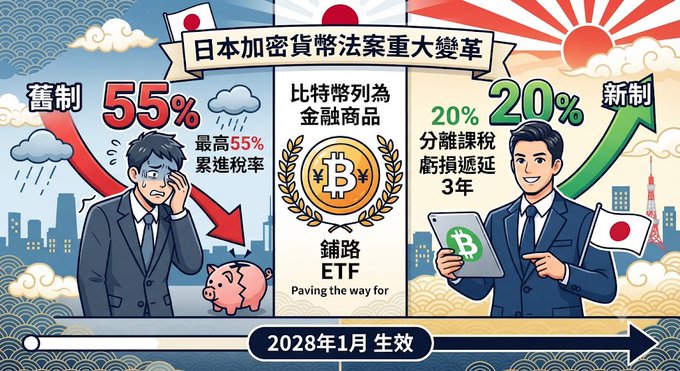 An illustrated infographic in Chinese detailing major changes to Japan's cryptocurrency tax law, showing a reduction from 55% to 20% tax rate, classification of Bitcoin as financial product, ETF approval, and effective date of January 2028.